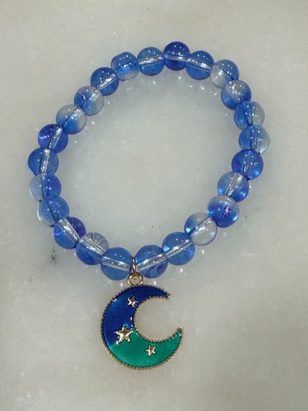 Blue Beaded Bracelet with Blue-Green Crescent Moon Charm